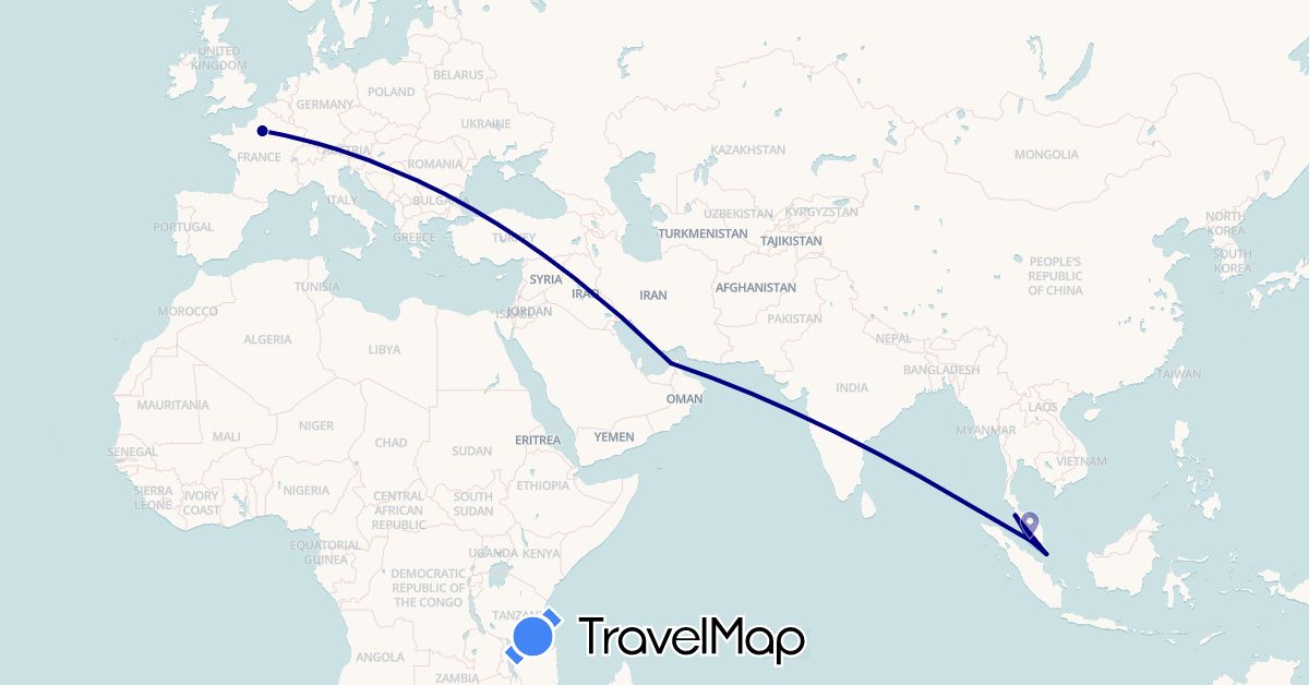 TravelMap itinerary: driving in United Arab Emirates, France, Malaysia, Singapore (Asia, Europe)